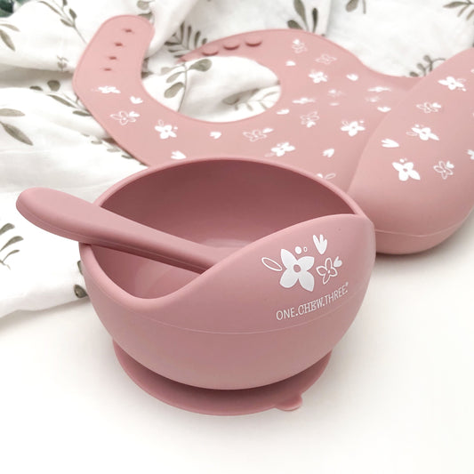 One Chew Three Silicone Scoop Bowl & Spoon - Floral Rose