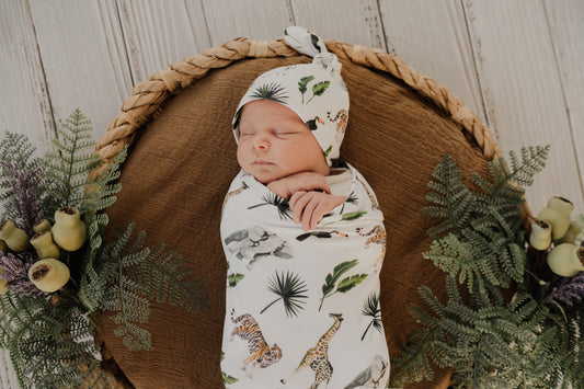 Mod & Tod Baby Stretchy Swaddle & Beanie Set Safari