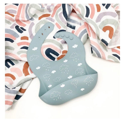 One Chew Three Silicone Bib- Blue Clouds