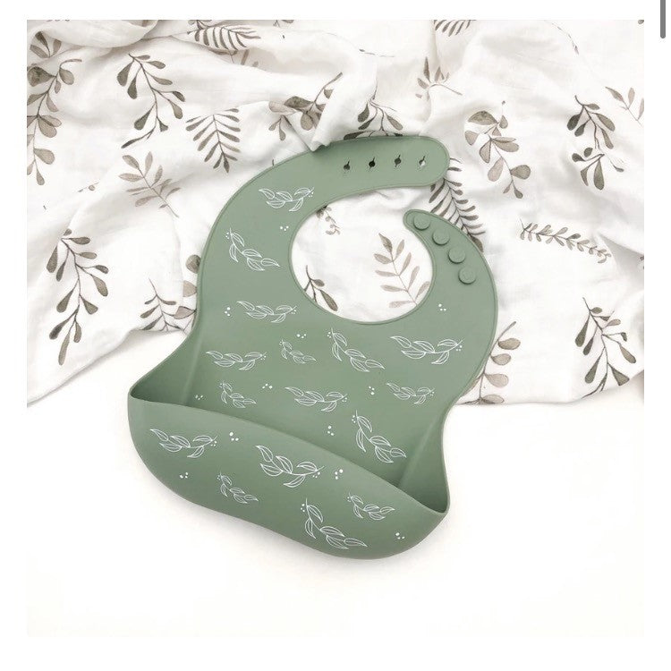 One Chew Three Silicone Bib - Sage Foliage