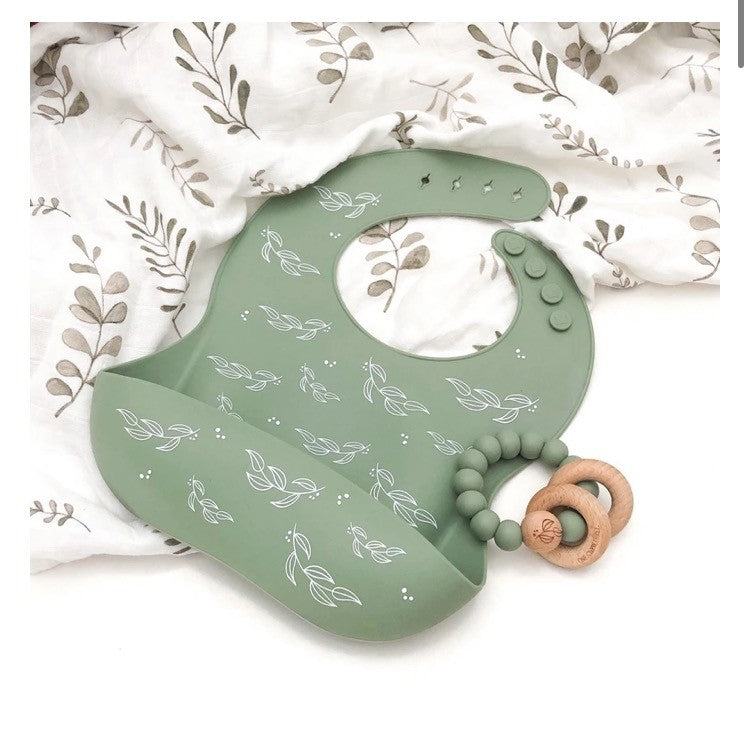 One Chew Three Elements Silicone & Wood Rattle Teether - Sage Foliage