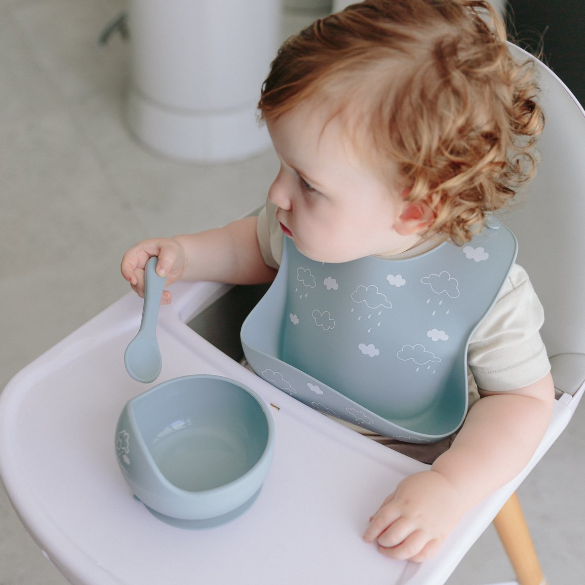 One Chew Three Silicone Bib- Blue Clouds