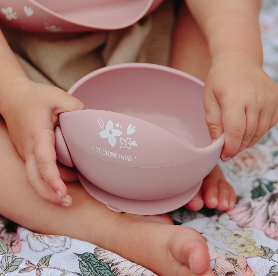 One Chew Three Silicone Scoop Bowl & Spoon - Floral Rose