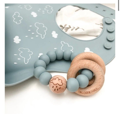 One Chew Three Elements Silicone & Wood Rattle Teether - Blue Clouds