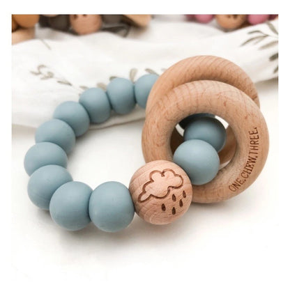 One Chew Three Elements Silicone & Wood Rattle Teether - Blue Clouds