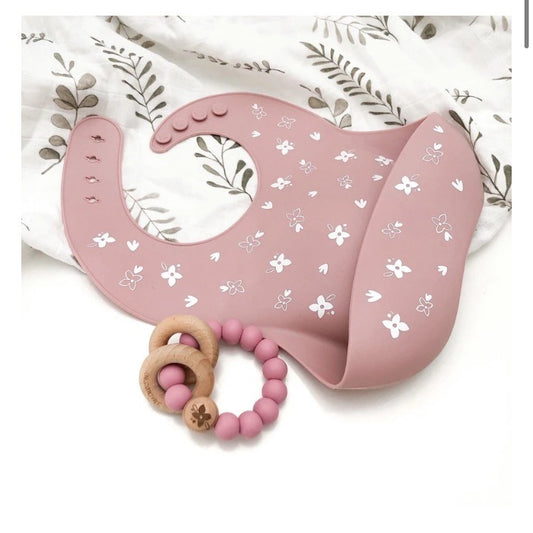 One Chew Three Elements Silicone & Wood Rattle Teether - Floral Rose