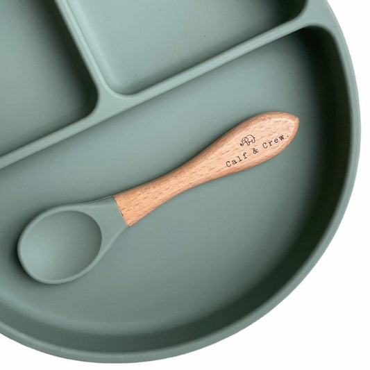 Calf & Crew Suction Divider Plate & Beechwood Spoon - Sage