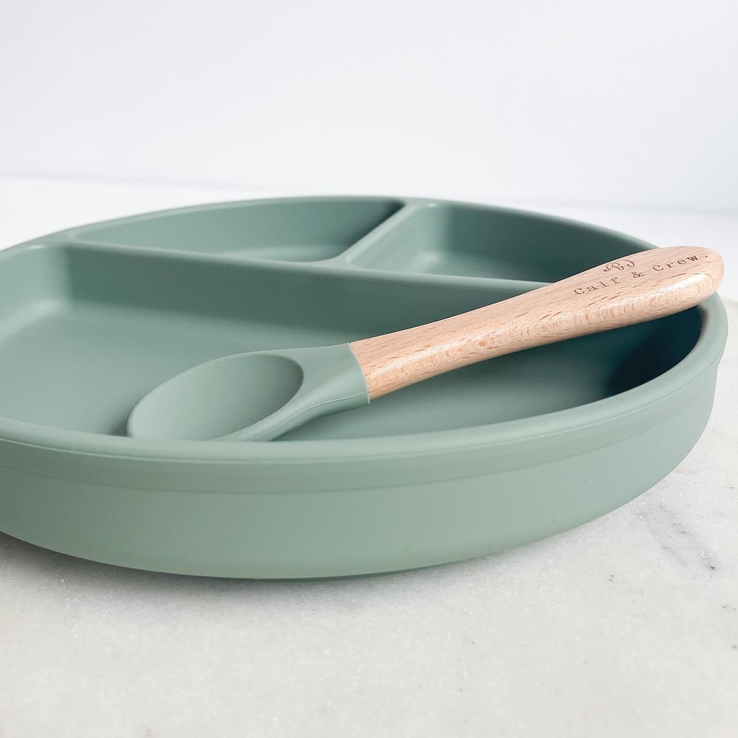 Calf & Crew Suction Divider Plate & Beechwood Spoon - Sage