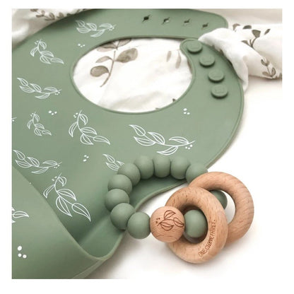 One Chew Three Elements Silicone & Wood Rattle Teether - Sage Foliage